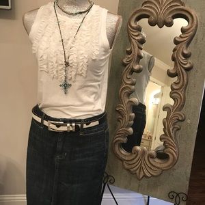 Cute J Crew Jean skirt and Gap Ruffle Tuxedo Tank.